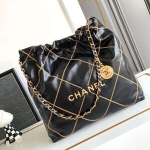 Chanel Super Fake 11 Handbag 22 Shipping Smooth Leather Black Gold Lock 35cm