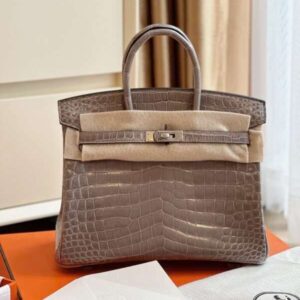 Hermes Birkin Crocodile Like Auth Woman’s Silver Handbags Brown 25cm