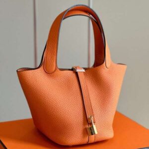 Hermes Picotin 18 Togo Hand Sewing Fake Handbags Orange With Lock Gold 18cm
