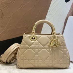 Dior Lady Woman’s Like Auth Handbags Beige Smooth Leather 24x18cm