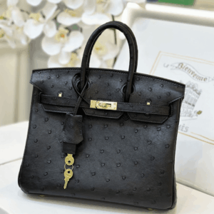 Hermes Birkin Ostrich Leather Fake Handbags Black Lock Gold 25cm