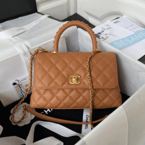 Chanel Coco Brown Leather With Lock Gold Fake Handbags 24cm