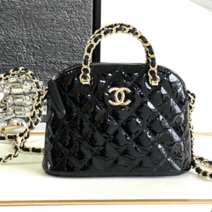 Chanel Alma Mini Shiny Leather Fake Handbags Black Lock Gold 12cm