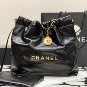 Chanel 22 Shiny Calfskin Shopping Fake Handbags Black With Wallet 22cm