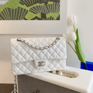 Chanel Classic Fake Handbags Lizard Skin White With Silver Lock 25cm