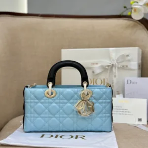 Dior D-Joy Women’s Handbag, Ice Blue Cowhide Leather, Like Auth 26cm