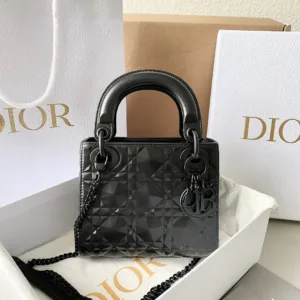 Dior Lady Matte Like Auth Women’s Handbag Black Diamond Pattern 17cm