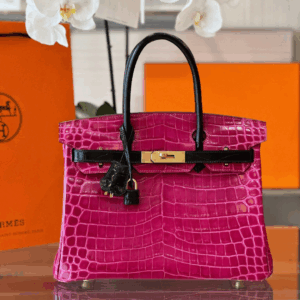 Hermes Birkin Crocodile Like Auth Woman’s Pink With Handle Black Handle 30cm