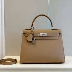 Hermes Kelly Lock Silver With Brown Handle Pattern Lock Fake Handbag 28cm