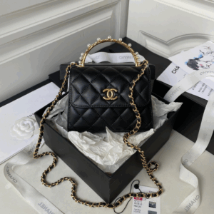 Chanel Woc Pearl Handle Plated Fake Handbags Black Leather With Lock Gold 11.5×14.5×5.5cm