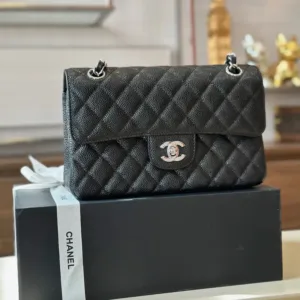 Chanel Classic Fake 11 Handbags Woman’s Black Leather Lock Silver 23cm
